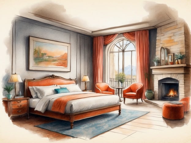Auf dem Bild ist ein geschmackvoll eingerichtetes Schlafzimmer zu sehen. Die Ausstattung umfasst ein großes, bequemes Bett mit einer eleganten Kopfstütze, das mit weißen Kissen und einer orangenen Decke dekoriert ist. Neben dem Bett steht ein Nachttisch mit einer Lampe.
Das Zimmer hat große Fenster mit roten Vorhängen, die für eine helle und einladende Atmosphäre sorgen. In der Ecke stehen zwei bequeme, orangefarbene Sessel, die um einen kleinen Tisch gruppiert sind. An einer Wand befindet sich ein Kamin, der eine gemütliche Stimmung verbreitet, sowie einige Pflanzen und Dekorationsobjekte auf der Ablage darüber. Ein Gemälde hängt an der Wand, was dem Raum einen persönlichen Touch verleiht. Der Boden ist mit einem weichen Teppich in Blau ausgelegt, der zusätzliches Komfort bietet.