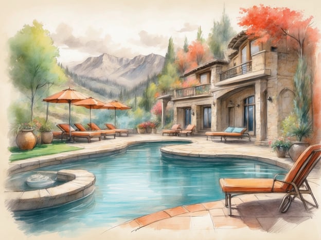 Auf dem Bild ist eine schöne Poollandschaft in einer malerischen Umgebung zu sehen. Die Szene bietet zahlreiche Freizeit- und Wellnessmöglichkeiten. Es gibt bequeme Liegen mit Sonnenliegen, die zum Entspannen einladen. Schattenspendende Sonnenschirme sorgen dafür, dass man auch an heißen Tagen angenehm entspannen kann.
Der Pool kann für erfrischende Schwimmrunden genutzt werden, und die angrenzende Terrasse bietet Platz für gesellige Stunden im Freien. Die umgebende Natur mit den Bergen im Hintergrund und bunten Pflanzen trägt zur Entspannung bei und vermittelt ein Gefühl von Ruhe und Erholung. Dieses Ambiente ist ideal für einen Wellnessurlaub oder einen entspannten Tag im Freien.