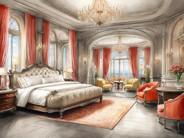 Auf dem Bild ist ein luxuriöses Schlafzimmer zu sehen, das elegant eingerichtet ist. Es gibt ein großes, stilvolles Bett mit einer gepolsterten Kopfteil, umgeben von verschiedenen Möbeln.
Besondere Annehmlichkeiten umfassen:
- **Bequeme Sitzgelegenheiten**: Zwei gemütliche Sessel und ein kleiner Tisch bieten eine entspannte Ecke zum Lesen oder Genießen eines Drinks.
- **Fenster mit Aussicht**: Die großen Fenster sorgen für viel Tageslicht und bieten einen wunderschönen Blick.
- **Kunstvolle Dekoration**: Die Wände sind mit eleganten Vorhängen und kunstvollen Leuchtern geschmückt, was dem Raum eine gehobene Atmosphäre verleiht.
- **Blumendekoration**: Ein schöner Blumenstrauß auf dem Tisch bringt Farbe und Frische in den Raum.
Dieser Raum vermittelt eine einladende und luxuriöse Umgebung, die zum Entspannen und Wohlfühlen einlädt.