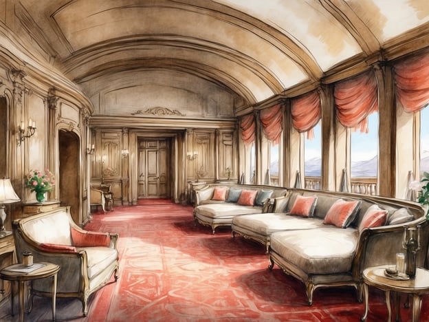 Auf dem Bild ist ein elegant gestalteter Raum mit einem klassischen und luxuriösen Ambiente zu sehen. Es gibt eine lange Sitzgelegenheit, die den Raum dominiert, sowie stilvolle Sessel und Tischchen. Der Boden ist mit einem roten Teppich bedeckt, und große Fenster mit roten Vorhängen sorgen für viel Licht und einen Blick nach draußen.
Im Kontext von NH Hotels könnte dieser Raum Teil eines luxuriösen Loungebereichs oder einer geräumigen Suite sein, die Gästen einen komfortablen und einladenden Platz bietet, um sich zu entspannen oder informelle Meetings abzuhalten. Die Kombination aus traditionellem Design und modernem Komfort spiegelt das Engagement von NH Hotels wider, ihren Gästen eine angenehme Atmosphäre zu bieten.