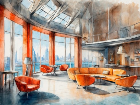 Eine stilvolle Lounge mit großflächigen Fenstern, die einen atemberaubenden Ausblick auf die Skyline einer Stadt bieten. Die Einrichtung besteht aus modernen, orangefarbenen Sesseln und einem runden Tisch in der Mitte. Der Raum hat einen hellen, einladenden Charakter und wird von natürlichem Licht durchflutet. An einer Wand sind Regale mit dekorativen Gegenständen und eine moderne Lampe zu sehen.