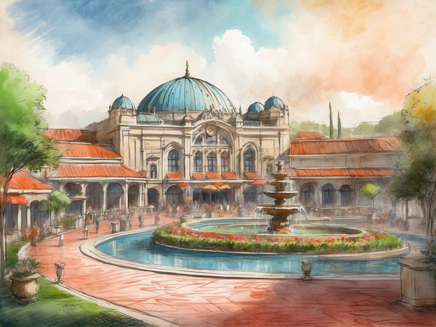 Auf dem Bild ist eine prächtige Architektur mit einer Kuppel und einem Brunnen zu sehen, umgeben von Pflanzen und Menschen, die sich in der Umgebung bewegen. Diese Szenerie könnte an eine historische oder kulturell bedeutende Stätte erinnern.Das NH Hotel in Valencia befindet sich in einer günstigen Lage, nahe wichtiger Sehenswürdigkeiten wie der Ciudad de las Artes y las Ciencias, einem beeindruckenden modernen Komplex. Die Umgebung des Hotels ist lebhaft und bietet viele Möglichkeiten für Einkauf, Gastronomie und Freizeitaktivitäten. Gäste des NH Hotels können die Schönheit Valencias erkunden und das kulturelle Leben der Stadt genießen.