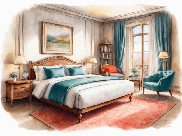 Auf dem Bild ist ein elegantes Hotelzimmer zu sehen, das an die Zimmer im NH Hotel erinnert. Es verfügt über ein großes Bett mit komfortablen Kissen und Bettzeug in ansprechenden Farbtönen. Neben dem Bett steht ein Nachttisch mit einer Lampe und einer kleinen Pflanze.Das Zimmer hat große Fenster, die Tageslicht hereinlassen und einen Blick nach draußen ermöglichen, möglicherweise mit schöner Aussicht. An einer Seite gibt es einen gemütlichen Sessel und einen weiteren, modernen Lounge-Stuhl. Zudem ist ein Teppich auf dem Boden ausgelegt, der dem Raum eine warme Atmosphäre verleiht. Diese Annehmlichkeiten sorgen für Komfort und Entspannung, was charakteristisch für die Zimmergestaltung in NH Hotels ist.