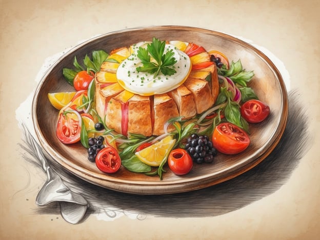 Auf dem Bild ist ein kunstvoll angerichteter Teller mit einer Hauptspeise zu sehen, die aus einer Art gefülltem Brot oder Auflauf besteht, umgeben von frischem Gemüse, darunter Tomaten, Salat und verschiedenen Zitrusfrüchten.Die gastronomischen Angebote im NH Hotel zeichnen sich durch eine vielfältige und kreative Küche aus. Gästen werden oft frisch zubereitete Gerichte angeboten, die saisonale und lokale Zutaten verwenden. So könnten ähnliche Kompositionen wie auf dem Bild in den Restaurants der NH Hotels zu finden sein, ideal für ein genussvolles kulinarisches Erlebnis während des Aufenthalts.
