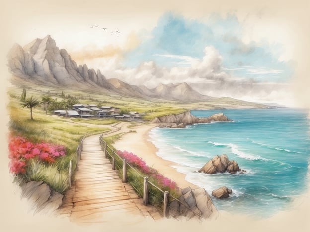 Auf dem Bild ist eine malerische Küstenlandschaft zu sehen, die sich ideal für verschiedene Freizeitaktivitäten und Entspannungsmöglichkeiten eignet. Der Holzsteg lädt zu gemütlichen Spaziergängen am Strand ein, wo man die frische Meeresluft genießen kann. Die sanften Wellen und das klare Wasser bieten sich perfekt zum Schwimmen, Schnorcheln oder Surfen an.Die Umgebung mit den Bergen und der blühenden Flora könnte dazu einladen, in der Natur zu wandern oder einfach in Ruhe zu entspannen. Die Aussicht könnte auch ideal für Picknicks oder Fotosessions sein, um die Schönheit der Landschaft festzuhalten. Insgesamt bietet dieser Ort viele Möglichkeiten, um sich zu entspannen und die Natur zu genießen.