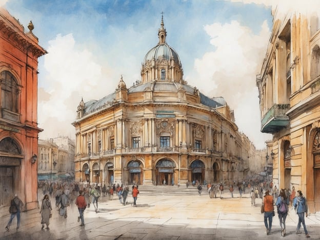 Auf dem Bild ist ein großartiges Gebäude mit eine beeindruckenden Kuppel und aufwändigen architektonischen Details zu sehen. Die Szenerie zeigt eine belebte Straße mit vielen Fußgängern, die sich um das Gebäude versammeln.
Diese Darstellungen könnten die Plaza Mayor oder das Teatro Calderón in Valladolid repräsentieren, einer Stadt in Spanien, die reich an Geschichte und kulturellen Sehenswürdigkeiten ist. Valladolid ist bekannt für seine alten Gebäude, Plätze und als ein wichtiges Zentrum der Kunst und Bildung. Besonders hervorzuheben sind die historischen Plätze und die lebendige Atmosphäre, die sowohl Einheimische als auch Touristen anziehen.