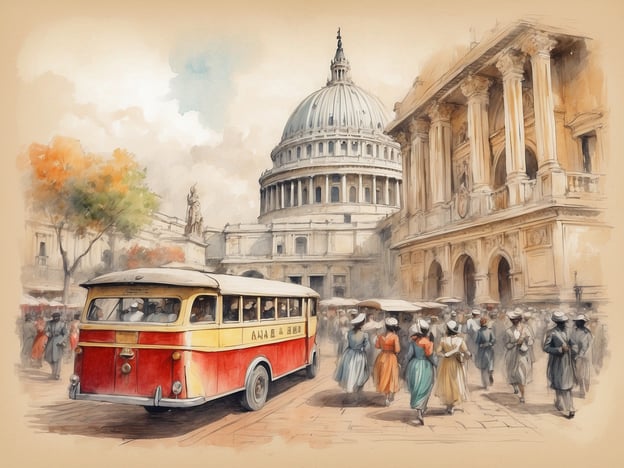 Auf dem Bild ist eine belebte Szenerie mit einem roten und weißen Bus in einer Stadt zu sehen, umgeben von historischen Gebäuden und Menschen in nostalgischer Kleidung.
Wenn du in Valladolid bist, könntest du Freizeitmöglichkeiten wie einen Besuch des Campo Grande Parks genießen, wo du entspannen und die Natur bewundern kannst. Auch das historische Zentrum mit der beeindruckenden Kathedrale von Valladolid ist einen Besuch wert. Alternativ kannst du in einem der vielen Cafés die lokale Küche probieren oder das Museum der Zivilisation der Spanischen Sprache besichtigen.