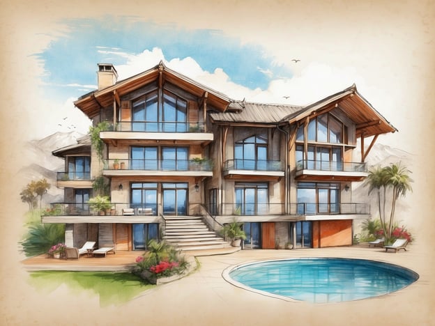 Auf dem Bild ist eine stilisierte Zeichnung eines modernen, mehrstöckigen Hauses mit großen Fenstern und einem Schwimmbecken im Vordergrund zu sehen. Das Gebäude hat eine attraktive Architektur mit einem Dach in einem rustikalen Stil und ist von Pflanzen und Blumen umgeben.
**Überblick über die NH Hotels in Zaragoza:**
In Zaragoza gibt es mehrere NH Hotels, die verschiedene Annehmlichkeiten für Reisende anbieten. Die Hotels sind zentral gelegen und bieten komfortable Zimmer, Tagungsmöglichkeiten sowie gastronomische Dienstleistungen.
- **NH Zaragoza Centro**: Ideal für Geschäftsreisende und Urlauber, bietet dieses Hotel moderne Zimmer und eine gute Anbindung an lokale Sehenswürdigkeiten.
- **NH Sport**: Dieses Hotel ist besonders sportorientiert und befindet sich in der Nähe von Freizeit- und Sporteinrichtungen. Es bietet eine entspannte Atmosphäre.
- **NH Ciudad de Zaragoza**: Ein weiteres zentral gelegenes Hotel, das komfortable Unterkünfte und ein umfangreiches Frühstücksbuffet bereithält.
Alle Hotels zeichnen sich durch ihren freundlichen Service und eine angenehme Umgebung aus, die sowohl für kurze als auch für längere Aufenthalte geeignet ist.