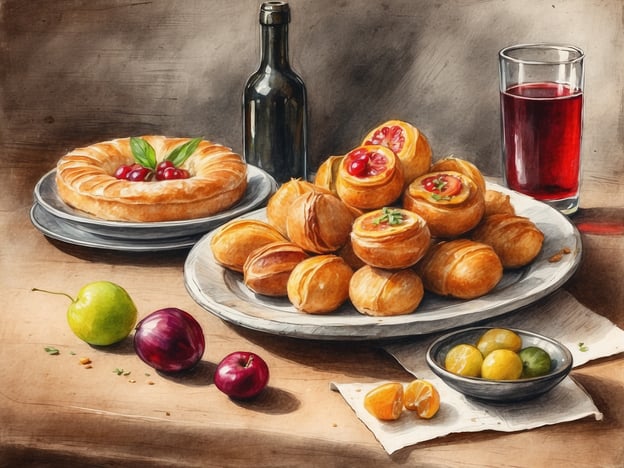 Auf dem Bild sind verschiedene kulinarische Genüsse zu sehen, die an eine mögliche Darstellung der Gastronomie in Zaragoza erinnern könnten. Es gibt goldene, gefüllte Teigwaren, die vielleicht eine lokale Spezialität sind, sowie einen runden Kuchen, der mit Früchten dekoriert ist.
Zusätzlich sind frische Früchte wie Äpfel, Pflaumen und Zitrusfrüchte abgebildet, die oft auf den Märkten von Zaragoza zu finden sind. Ein Glas Saft oder Wein ergänzt die Arrangements und vermittelt ein einladendes, mediterranes Ambiente, das typisch für die gastronomische Szene der Stadt ist.