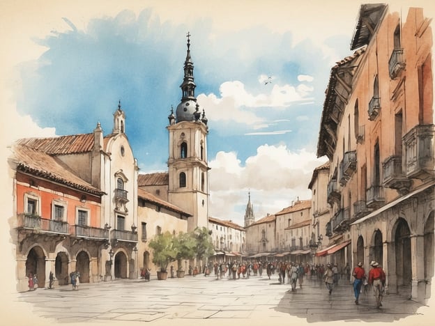 Auf dem Bild ist eine malerische Ansicht einer Stadtstraße mit historischen Gebäuden und einem zentralen Platz zu sehen. Im Vordergrund sind Menschen zu sehen, die durch die Straße schlendern. Die Architektur weist typisch spanische Elemente auf, mit Balkonen und dekorativen Fassaden.
Ciudad Real, die Hauptstadt der gleichnamigen Provinz in Spanien, ist bekannt für ihre historische Altstadt, in der sich viele dieser schönen Gebäude befinden. Die Stadt hat eine reiche Geschichte, die von römischen, maurischen und christlichen Einflüssen geprägt ist. Besonders auffällig sind die verschiedenen religiösen Monumente sowie die lebendige Atmosphäre der Stadt, die sowohl Einheimische als auch Touristen anzieht.