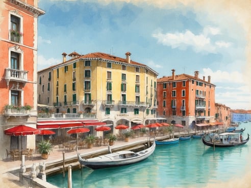 Ein malerischer Blick auf den Kanal in Venedig, umgeben von historischen Gebäuden in warmen Farben. Auf der linken Seite steht ein rotes Gebäude mit Balkon, während auf der rechten Seite ein gelbes Gebäude mit grünen Fensterläden zu sehen ist. Vor den Gebäuden befinden sich Tische mit roten Sonnenschirmen, die eine einladende Atmosphäre schaffen. Am Wasser liegen mehrere Gondeln und Boote, die sanft im Kanal schaukeln. Der Himmel ist klar und blau mit einigen weichen Wolken, was das Bild lebendig und einladend erscheinen lässt.