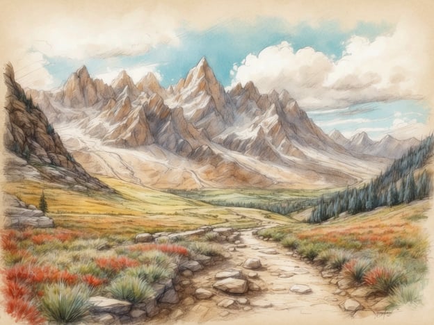 Auf dem Bild ist eine malerische Berglandschaft zu sehen. Die majestätischen Berge sind im Hintergrund, umgeben von einer weiten, grünen Ebene, die mit bunten Blumen wie roten und gelben Sträuchern gesprenkelt ist.
In dieser Umgebung könnte man Aktivitäten wie Wandern oder Bergsteigen genießen, während man die frische Luft und die schöne Aussicht auf die Gipfel und die Täler einatmet. Außerdem wäre es möglich, ein Picknick auf der Wiese zu machen oder die Natur zu fotografieren. Ein sanfter Wege führt durch die Landschaft und lädt dazu ein, die Umgebung zu erkunden.