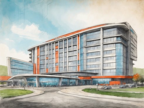 Das Bild zeigt das NH Hotels Vienna Airport Conference Center in Österreich. Es handelt sich um ein modernes, mehrstöckiges Gebäude mit einer Mischung aus Glas- und farbigen Fassadenelementen in Orange und Grau. Die Architektur ist zeitgemäß und ansprechend, mit einer leicht geschwungenen Form im oberen Bereich. Vor dem Gebäude befindet sich eine großzügige Auffahrt und ein Rundweg, gesäumt von Bäumen und Grünflächen. Die Gestaltung vermittelt eine einladende Atmosphäre für Gäste und Besucher.