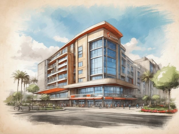 Auf dem Bild ist eine moderne Hotelarchitektur zu sehen, die möglicherweise ein NH Hotel darstellt. Es zeigt eine große, glasverkleidete Fassade mit einem auffälligen, orangefarbenen Dach über dem Eingangsbereich. Rund um das Gebäude sind Grünflächen und Palmen angeordnet, die dem Ambiente einen einladenden Charakter verleihen.
Das NH Hotel Ciutat De Reus liegt günstig in der Stadt Reus, unweit der historischen Altstadt und bietet eine gute Anbindung an Sehenswürdigkeiten. Es ist bekannt für seine komfortablen Zimmer, moderne Ausstattung und Annehmlichkeiten, die Geschäftsreisenden und Touristen zugutekommen. Besonders hervorzuheben sind die Tagungsräume und das Restaurant, die den Bedürfnissen der Gäste gerecht werden.
