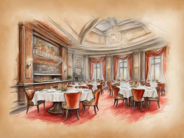 Auf dem Bild ist ein elegantes Restaurant zu sehen, das vermutlich im NH Hotel angesiedelt ist. Der Raum ist geschmackvoll eingerichtet mit runden Tischen, die mit weißen Tischdecken und stilvollem Geschirr gedeckt sind. Die warmen Farben und die opulente Dekoration erzeugen eine einladende Atmosphäre, ideal für kulinarische Erlebnisse.
Das Restaurant scheint sich für besondere Anlässe zu eignen, mit einer Auswahl an exquisiten Gerichten, die den Gästen ein unvergessliches Esserlebnis bieten. Die stilvollen Details, wie die Wände mit kunstvollen Bildern und die feine Beleuchtung, verstärken das Ambiente und laden zu einem genussvollen Abendessen ein.