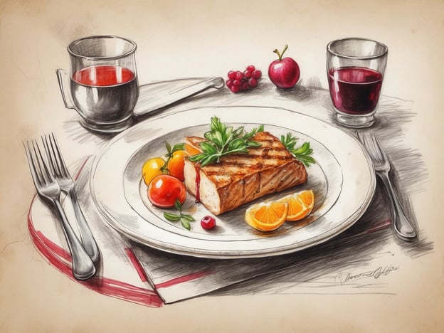 Auf dem Bild ist ein schön angerichteter Teller mit einem Stück gegrilltem Fisch zu sehen, umgeben von bunten Gemüsebeilagen, darunter kleine Tomaten und Kräuter. Dazu gibt es frische orangefarbene Scheiben und einige rote Beeren. Im Hintergrund sind zwei Gläser zu sehen, eines mit rotem Saft und das andere mit rotweinähnlichem Getränk, sowie ein paar frische Früchte.
Dieses gastronomische Erlebnis im Hotel vermittelt einen Eindruck von Genuss und kulinarischer Vielfalt, ideal für einen besonderen Anlass oder ein entspannendes Abendessen im Restaurant des Hotels. Die ansprechende Präsentation des Gerichts trägt dazu bei, eine exquisite Atmosphäre zu schaffen, die das Gesamterlebnis bereichert.
