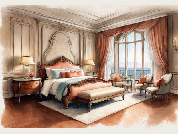 Auf dem Bild ist ein elegantes Schlafzimmer zu sehen, das luxuriös eingerichtet ist. Der Raum verfügt über ein großes, kunstvoll verziertes Bett, das mit weichen Kissen und einer Decke ausgestattet ist. Neben dem Bett steht ein stilvoller Nachttisch mit einer Lampe und Blumen.
Zusätzlich gibt es eine kleine Sitzecke mit bequemen Sessel und einem Tisch, wo man entspannen kann. Große Fenster bieten einen schönen Ausblick und lassen viel Licht in den Raum. Insgesamt vermittelt der Raum eine gemütliche und zugleich opulente Atmosphäre, typisch für eine gehobene Suite.