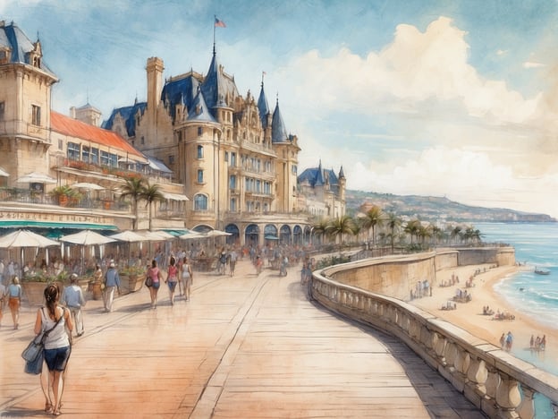 Auf dem Bild ist eine malerische Küstenpromenade zu sehen, die von einem beeindruckenden Gebäude im Stil einer historischen Residenz flankiert wird. Um die Gegend herum scheinen viele Menschen zu flanieren, und es gibt zahlreiche Restaurants und Cafés mit Sonnenschirmen.
In der Nähe könnten Sehenswürdigkeiten wie der Strand, Parks oder lokale Märkte sein, die eine entspannte Atmosphäre bieten. Außerdem könnte die Umgebung mit Palmen und dem Meer eine subtropische oder mediterrane Atmosphäre vermitteln. Mögliche Attraktionen wären auch historische Stätten oder Kunstgalerien in der Nähe.