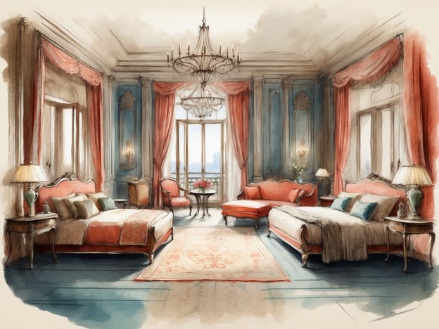 Auf dem Bild ist eine stilisierte Darstellung eines eleganten Hotelzimmers zu sehen. Es zeigt zwei Betten, luxuriöse Möbel, einen Kristalllüster und große Fenster, die viel Licht hereinlassen. Die Farbtöne sind sanft und enthalten Blau- und Rosatöne, die eine gemütliche und edle Atmosphäre schaffen.
Das NH Hotels Collection Antwerp Centre zeichnet sich durch seine zentrale Lage in Antwerpen aus und bietet eine Kombination aus modernem Komfort und eleganter Architektur. Die Zimmer sind stilvoll eingerichtet und bieten Annehmlichkeiten wie kostenfreies WLAN, klimatisierte Räume und hochwertige Unterhaltungsmöglichkeiten. Ideal für Geschäftsreisende und Urlauber, bietet das Hotel auch Tagungsräume sowie Zugang zu regionalen Attraktionen.