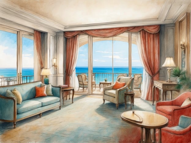 Auf dem Bild ist eine elegante Suite zu sehen, die einen atemberaubenden Blick auf das Meer bietet. Der Raum ist hell und freundlich gestaltet, mit großen Fenstern, die viel Tageslicht hereinlassen. Es gibt komfortable Möbel, darunter ein großes Sofa in sanften Farben und stilvolle Sessel.
Das Interieur ist geschmackvoll dekoriert, mit Vorhängen, die ein gemütliches Ambiente schaffen. Ein Tisch in der Mitte des Raumes lädt zum Verweilen ein, während der Zugang zu einem Balkon einladend wirkt. Die Suite scheint ideal für einen entspannenden Aufenthalt mit Blick auf die Küste.