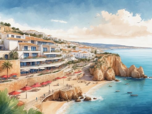 Ein malerischer Blick auf das Tivoli Carvoeiro Algarve Resort in Portugal, das an einer Küste mit sanften Klippen liegt. Die Architektur des Resorts zeigt moderne Gebäude mit großen Fenstern und Terrassen. Vor dem Resort erstreckt sich ein schöner Sandstrand mit mehreren roten Sonnenschirmen und Liegen. Im Wasser sind einige kleine Boote zu sehen, während der Himmel klar und sonnig ist, und sanfte Wolken durch die Luft ziehen. Palmen und grüne Pflanzen rahmen die Szene ein und verleihen ihr eine tropische Atmosphäre.