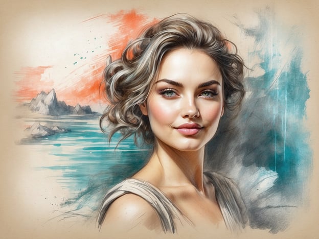 Auf dem Bild ist eine Frau mit einem sanften und freundlichen Ausdruck zu sehen, umgeben von natürlichen, harmonischen Farben, die an Entspannung und Wellness erinnern. Ihr Gesicht strahlt Ruhe aus, während die malerische Kulisse mit sanften Wasser- und Landschaftselementen das Gefühl der inneren Ausgeglichenheit verstärkt. Die Komposition vermittelt eine Atmosphäre der Gelassenheit und lädt dazu ein, in einen Zustand des Wohlbefindens einzutauchen.