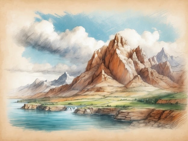Auf dem Bild ist eine malerische Landschaft mit majestätischen Bergen zu sehen. Die Gebirgszüge haben schroffe, rote Felsen, die sich dramatisch gegen den klaren, blauen Himmel abheben. Im Vordergrund fließt ein ruhiger Fluss oder ein See, der das reflektierende Licht der Wolken aufnimmt.
Es gibt auch einen Wasserfall, der in den Gewässern unterhalb herabstürzt, und eine grüne Wiese, die die Bergregion umgibt. Diese Szenerie vermittelt ein Gefühl von natürlicher Schönheit und Ruhe, möglicherweise in einer unberührten, ländlichen Umgebung. Solche Landschaften könnten in Gebieten wie den Rocky Mountains oder den Alpen zu finden sein.