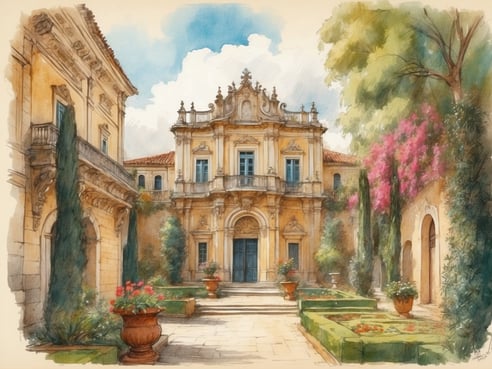 Das Bild zeigt den historischen Tivoli in Coimbra, Portugal, mit einem malerischen Innenhof. Im Hintergrund ist ein prächtiges, barockes Gebäude mit geschwungenen Fenstern und kunstvollen Details zu sehen. Um das Gebäude herum sind grüne Pflanzen, hohe Zypressen und blühende Sträucher verteilt, die dem Ort einen idyllischen Charme verleihen. In verschiedenen Töpfen sind bunte Blumen arrangiert und kleine Sträucher sind in symmetrischen Beeten angeordnet. Der Himmel ist klar mit einigen sanften Wolken, was eine angenehme Atmosphäre schafft.