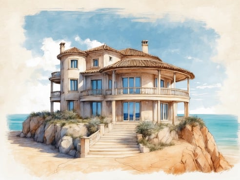 Ein elegantes, meerseitiges Gebäude in einer malerischen Küstenlandschaft mit großen Fenstern und einem gewölbten Dach. Das Haus sitzt auf einem Felsen, umgeben von sanften Dünen und dem glitzernden Wasser des Ozeans. Der klare Himmel und die sanften Wolken schaffen eine entspannte Urlaubsatmosphäre, ideal für das Tivoli Lagos Algarve Resort in Portugal.