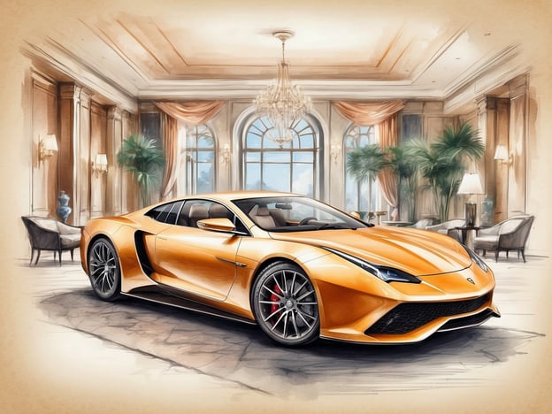 Auf dem Bild ist ein elegantes, orangefarbenes Sportauto, das in einer luxuriösen Hotellobby platziert ist. Die Ausstattung des Hotels spiegelt eine opulente Atmosphäre wider, mit stilvollen Möbeln, großen Fenstern, die viel Tageslicht hereinlassen, und üppigen Pflanzen, die einen Hauch von Natur ins Innere bringen.Der Service des Hotels könnte exklusive Angebote wie einen Concierge-Service, Valet-Parking für gehobene Fahrzeuge und personalisierte Dienstleistungen für Gäste umfassen. Die Szene vermittelt ein Gefühl von Luxus und Eleganz, ideal für anspruchsvolle Reisende.