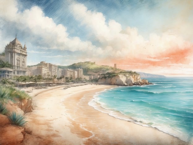 Auf dem Bild ist eine malerische Küstenlandschaft zu sehen, die eine weite Sandstrandlinie und das klare blaue Wasser des Meeres zeigt. Im Hintergrund sind einige Gebäude, die möglicherweise historische oder touristische Bedeutung haben, sowie Hügel und Felsen zu erkennen.In der Nähe könnten Sehenswürdigkeiten wie die Burg von Santa Bárbara in Alicante oder der Ferienort Benidorm erwähnt werden. Diese Orte sind bekannt für ihre schönen Strände und architektonischen Wahrzeichen, die die Küstenregion prägen.