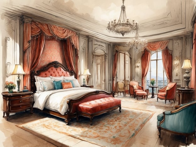 Auf dem Bild ist ein elegantes und luxuriöses Zimmer zu sehen, das an die stilvollen Einrichtungen eines NH Hotels erinnert. Die opulente Einrichtung umfasst ein großes Bett mit hochwertigen Bettwaren, dekorativen Kissen und einem ansprechenden Design.
Zusätzlich gibt es gemütliche Sitzgelegenheiten mit stilvollen Stühlen und einem Tisch, was ideal für entspanntes Lesen oder einen kleinen Kaffee ist. Die fließenden Vorhänge und der Kronleuchter verleihen dem Raum eine festliche Atmosphäre.
Das NH Hotel bietet ähnliche Annehmlichkeiten wie modernen Komfort, kostenfreies WLAN, Zimmerservice und ein hoteleigenes Restaurant, das köstliche regionale Gerichte anbietet. Gäste können auch von Fitnessbereichen und Tagungsräumen profitieren, die sowohl für Geschäftsreisende als auch für Urlauber ideal sind.