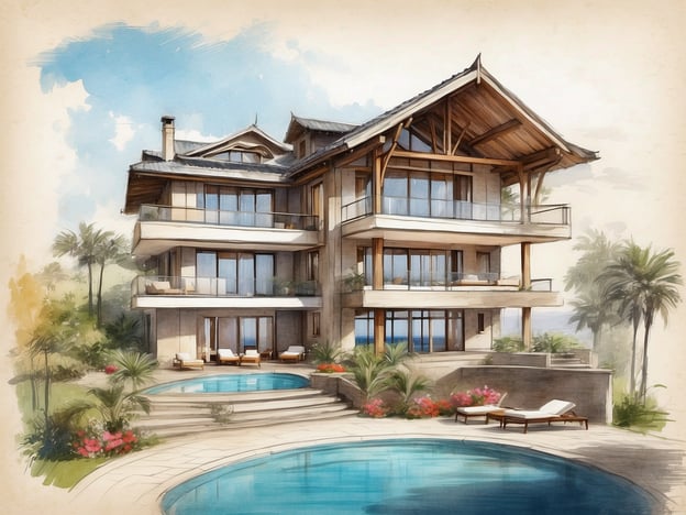 Auf dem Bild ist eine stilisierte Zeichnung eines luxuriösen Gebäudes zu sehen, das mehrere Etagen und große Fenster hat. Es gibt Terrassen mit Blick auf einen Pool und eine tropische Umgebung mit Palmen und blühenden Pflanzen.
Das NH Hotels Collection Bogotá Andino Royal ist ein elegantes Hotel in Bogotá, Kolumbien, das für seine erstklassigen Annehmlichkeiten und seinen exzellenten Service bekannt ist. Es bietet moderne Zimmer, ein Restaurant mit internationaler Küche und Konferenzeinrichtungen für geschäftliche Veranstaltungen. Das Hotel liegt in einer günstigen Lage, die Gäste bequem zu wichtigen Sehenswürdigkeiten und Geschäftszentren bringt, und ist eine beliebte Wahl für Geschäftsreisende sowie Urlauber.