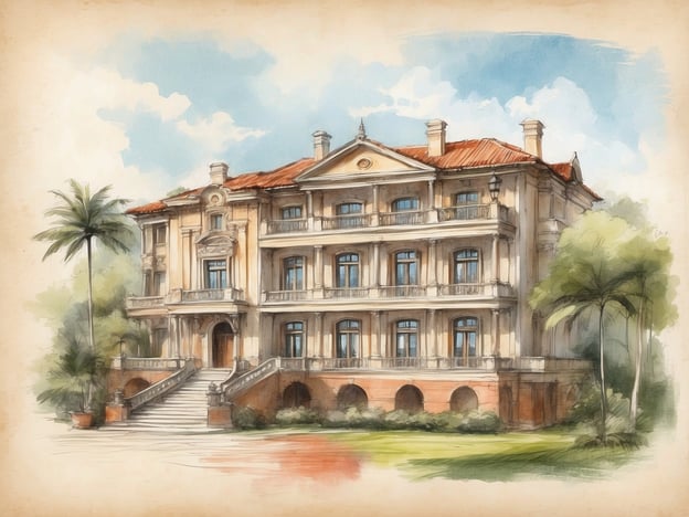 Auf dem Bild ist eine künstlerische Darstellung eines prächtigen Gebäudes zu sehen, das möglicherweise an die Architektur eines historischen Herrenhauses erinnert. Es hat eine einladende Treppe, große Fenster und einen dekorativen Giebel, umgeben von gepflegten Pflanzen und Bäumen.
Das **NH Hotels Collection Bogota Hacienda Royal** ist ein luxuriöses Hotel in Bogotá, Kolumbien, das für seine elegante Ausstattung und seinen hervorragenden Service bekannt ist. Es bietet eine Kombination aus modernem Komfort und traditionellem Stil, ideal für Geschäftsreisende und Urlauber. Die großzügigen Zimmer und Suiten sind geschmackvoll eingerichtet und die Hotelannehmlichkeiten umfassen unter anderem ein Restaurant, Konferenzräume und Wellnessangebote. Die Lage ermöglicht es Gästen, die umliegenden Sehenswürdigkeiten der Stadt leicht zu erkunden.