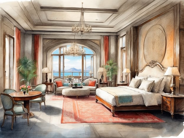 Das Bild zeigt eine elegante und luxuriöse Hotellobby oder ein Zimmer, das eine harmonische Mischung aus klassischen und modernen Designelementen aufweist. Charakteristisch sind die großen Fenster, die viel natürliches Licht hereinzulassen und einen Blick auf eine malerische Landschaft gewähren. Die Einrichtung umfasst einen stilvollen Bettbereich mit hochwertigen Möbeln, einem runden Tisch und komfortablen Stühlen.
In Bezug auf das NH Hotels Collection Bogotá Teleport Royal handelt es sich um ein gehobenes Hotel, das eine Kombination aus Komfort und Eleganz bietet. Die Zimmer sind großzügig gestaltet und verfügen über alle Annehmlichkeiten, die für einen angenehmen Aufenthalt erforderlich sind. Das Hotel bietet zudem einen exzellenten Service und liegt in einer zentralen Lage, ideal für Geschäfts- und Urlaubsreisende. Die Atmosphäre spiegelt eine Mischung aus lokaler Kultur und internationalem Flair wider.