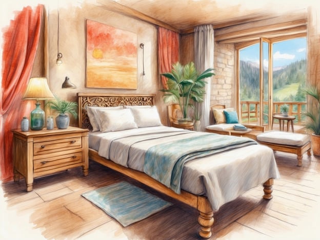 Auf dem Bild ist ein gemütliches Schlafzimmer zu sehen, das eine entspannende Atmosphäre ausstrahlt. Die warme Farbgebung und die Holzelemente schaffen eine einladende Umgebung, ideal für Freizeit und Wellness.
Die großen Fenster bieten einen Blick auf die umliegende Natur, was perfekt ist, um morgens den Tag mit frischer Luft und einem schönen Ausblick zu beginnen. Die Gestaltung des Raumes lädt dazu ein, sich zurückzulehnen, zu lesen oder einfach die Ruhe zu genießen.
Zusätzlich könnte man sich hier eine Auszeit gönnen, vielleicht mit einer kleinen Meditations- oder Yogaeinheit, um das Wohlbefinden zu steigern. Ein Raum wie dieser ist perfekt für eine kurze Auszeit vom Alltag und fördert die Entspannung.