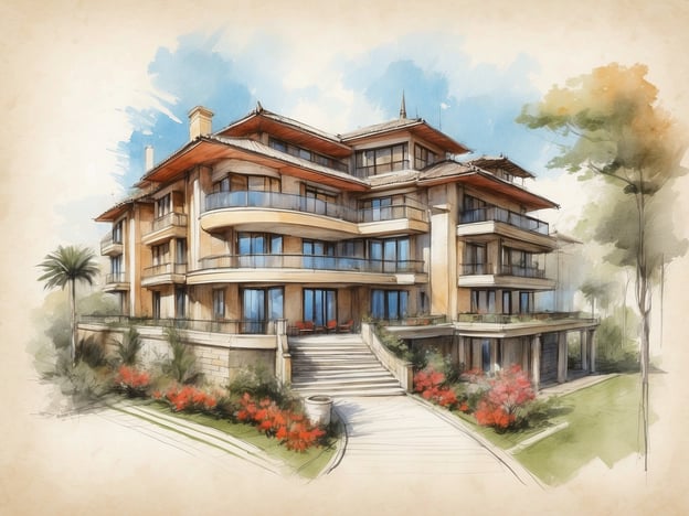 Auf dem Bild ist eine stilisierte Skizze eines modernen Gebäudes zu sehen, das mehrere Stockwerke hat und eine ansprechende Architektur aufweist. Die Fassade ist mit Balkonen versehen, und es gibt eine Treppe, die zu einem Eingang führt, umgeben von Pflanzen und Blumen.Das NH Hotels Collection Brussels Centre ist ein Hotel, das sich im Herzen von Brüssel befindet. Es bietet eine elegante und komfortable Unterkunft für Reisende und zeichnet sich durch seine strategische Lage aus, die es Gästen ermöglicht, die wichtigsten Sehenswürdigkeiten der Stadt bequem zu erreichen. Das Hotel ist bekannt für seine modernen Annehmlichkeiten, stilvollen Zimmer und exzellenten Service. Zusätzliche Einrichtungen könnten Konferenzräume, ein Restaurant und Fitnessangebote umfassen, um den Bedürfnissen sowohl von Geschäftsreisenden als auch von Touristen gerecht zu werden.