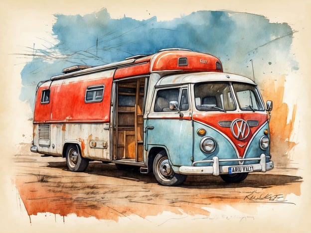Auf dem Bild ist ein farbenfroher VW-Bus zu sehen, der im Vintage-Stil gehalten ist. Dieser Bus symbolisiert das Gefühl von Freiheit und Reisen, das perfekt zu einem Ausflug auf die Insel Rügen passt.Rügen ist bekannt für ihre kulinarische Vielfalt, die von frischen Meeresfrüchten bis hin zu regionalen Spezialitäten reicht. Wenn man einen Roadtrip mit einem solchen Bus unternimmt, könnte man zum Beispiel herrlichen Fisch aus den Küstenrestaurants oder die berühmte Rügener Sanddornprodukte genießen. Solch eine Reise wäre eine wunderbare Gelegenheit, die lokalen Märkte und die vielfältige Gastronomie der Insel zu erkunden.