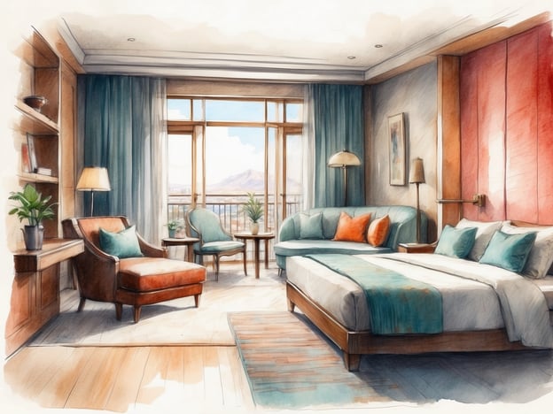Auf dem Bild ist ein stilvolles Zimmer zu sehen. Es gibt ein großes Bett, das mit Kissen dekoriert ist. An der Wand hinter dem Bett sind samtige Akzente in verschiedenen Farben. Neben dem Bett steht ein Nachttisch.
In der Ecke des Zimmers befindet sich ein komfortabler Sessel in einem warmen Farbton sowie ein kleiner Tisch. Daneben ist ein weiterer Stuhl und ein Tisch, der für entspannte Gespräche oder Getränke geeignet ist.
Das Zimmer hat große Fenster, die viel Tageslicht hereinlassen und einen Blick auf eine Berglandschaft bieten. Der Boden ist mit Holz verkleidet, und es gibt einige grüne Pflanzen, die dem Raum eine frische Atmosphäre verleihen. Insgesamt strahlt der Raum Gemütlichkeit und Eleganz aus.