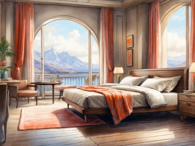 Auf dem Bild ist ein gemütliches Schlafzimmer mit einer beeindruckenden Aussicht auf die Berge zu sehen. Die Zimmerausstattung umfasst:
- Ein großes Bett mit mehreren Kissen und einer warmen Decke.
- Ein holzfarbener Nachttisch neben dem Bett.
- Eine kleine Lampe auf dem Nachttisch.
- Ein Teppich in sanften Farben.
- Ein runder Tisch mit zwei Stühlen.
- Eine Pflanze auf einem Tisch und ein weiteres Fenster, das der Aussicht viel Licht verleiht.
- Große Fenster mit Vorhängen, die eine schöne Aussicht auf die Berge ermöglichen.
Die gesamte Atmosphäre wirkt einladend und entspannend.