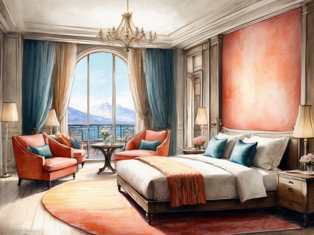 Auf dem Bild ist ein elegantes Schlafzimmer zu sehen. Es enthält ein großes Bett mit mehreren Kissen und einer dekorativen Decke. Neben dem Bett stehen Nachttische mit Lampen und Blumenarrangements. In einer Ecke des Zimmers befinden sich zwei bequeme Sessel in einer leuchtenden Farbe, die von einem kleinen Tisch zwischen ihnen ergänzt werden.
Das Zimmer hat große Fenster, die einen wunderschönen Ausblick auf Berge bieten und mit schweren Vorhängen geschmückt sind. Der Boden ist mit einem runden Teppich bedeckt, der dem Raum Wärme verleiht. Insgesamt strahlt der Raum eine luxuriöse und einladende Atmosphäre aus.