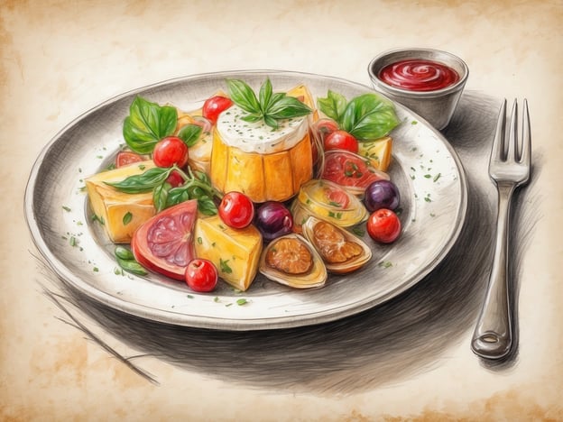 auf dem Bild ist ein kunstvoll angerichtetes Gericht mit einer bunten Mischung aus frischem Gemüse und Früchten zu sehen. Es zeigt eine attraktive Kombination aus Tomaten, Melonen, Trauben und Kräutern, garniert mit einem Stück Käse oder Joghurt in der Mitte. Dazu gibt es eine kleine Schale mit einer Sauce.
In Bezug auf die gastronomischen Erlebnisse im Hotel könnte dieses Gericht ein Beispiel für die ausgewogene und kreative Küche sein, die den Gästen angeboten wird. Solche Gerichte könnten täglich variieren und bieten eine exquisite Auswahl an frischen, lokalen Zutaten, die den Aufenthalt im Hotel zu einer kulinarischen Entdeckung machen.
