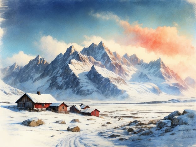 Auf dem Bild ist eine beeindruckende Winterlandschaft mit schneebedeckten Bergen und rustikalen Häusern zu sehen. Die sanften Farben des Himmels, von einem blassen Blau bis hin zu warmen orangefarbenen Tönen, verleihen der Szene eine ruhige Atmosphäre.Hier sind einige Geheimtipps, um ähnliche Landschaften abseits der Massen zu erleben:1. **Norwegen**: Abseits der beliebten Fjorde gibt es versteckte Täler und kleine Dörfer, die eine unberührte Natur bieten, wie z.B. das Jotunheimen-Gebiet.2. **Österreich**: Anstatt in überfüllte Skigebiete zu gehen, erkunden Sie kleinere Alpendörfer wie Obergurgl, die weniger touristisch sind und dennoch eine atemberaubende Schneelandschaft bieten.3. **Schweden**: Besuchen Sie die Region Åre im Winter, um eine friedliche Atmosphäre zu genießen, während Sie die enorme Schönheit der schneebedeckten Wälder und Berge um Sie herum erleben.4. **Schottland**: Weniger bekannt sind die schneebedeckten Highlands, wo Sie unberührte Natur und charmante Cottages finden können – eine friedliche Zuflucht im Winter.5. **Kanada**: Die Region um die Rocky Mountains abseits der großen Tourismuszentren, wie in Yoho Nationalpark,
