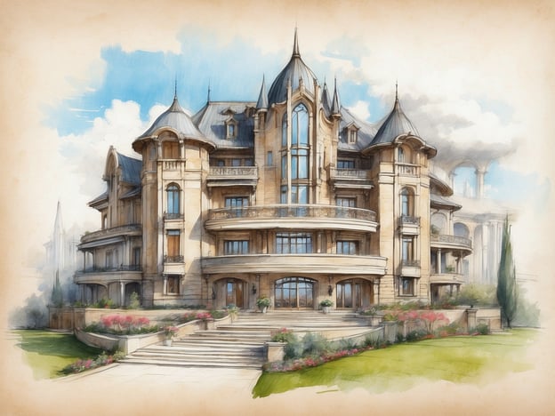 Auf dem Bild ist eine beeindruckende, majestätische Villa zu sehen, die durch ihre einzigartige Architektur besticht. Die Fassade ist reich verziert, mit großen Fenstern, die viel Licht hereinlassen. Die verschiedenen Türme und die spitzen Dächer verleihen dem Bauwerk ein märchenhaftes Aussehen.
Die Außenanlagen sind ebenfalls bemerkenswert, mit gepflegten Gärten und einladenden Treppen. Die gesamte Gestaltung strahlt Eleganz und Opulenz aus, was das Haus zu einem absoluten Blickfang macht.