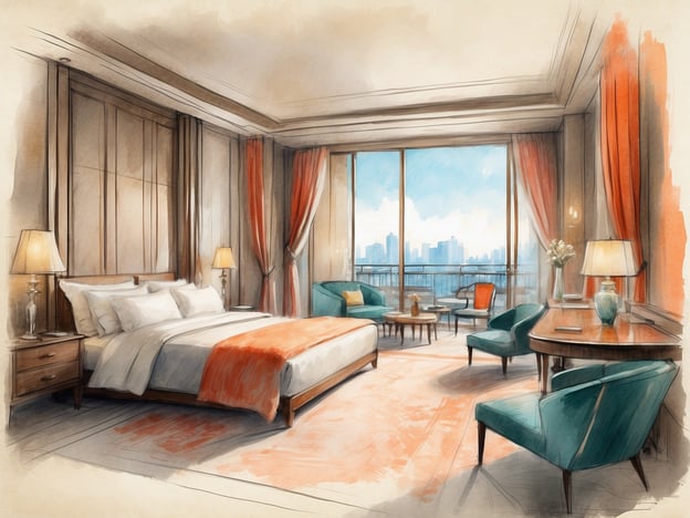 Auf dem Bild ist eine stilisierte Darstellung eines Hotelzimmers zu sehen. Das Zimmer wirkt modern und elegant, mit einem großen Fenster, das einen Blick auf eine Stadtlandschaft bietet. Es ist mit einem großzügigen Bett, gemütlichen Sesseln und einem Schreibtisch ausgestattet. Die Farbgestaltung umfasst sanfte Töne mit Akzenten in Orange und Türkis.
Die NH Hotels Collection in Kopenhagen bietet eine Vielzahl von luxuriösen Unterkünften in zentraler Lage. Diese Hotels zeichnen sich durch modernes Design, komfortable Annehmlichkeiten und ein hohes Maß an Gastfreundschaft aus. Zu den Einrichtungen gehören oft Restaurants, Fitnessbereiche und Tagungsräume, die ideal für Geschäftsreisende sind. Die Lage in der Nähe von Sehenswürdigkeiten macht sie auch für Urlauber attraktiv, die die Stadt erkunden möchten.