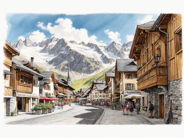 Auf dem Bild ist eine malerische Straße in einem alpinen Dorf zu sehen, möglicherweise Andermatt. Die Szenerie zeigt traditionell gestaltete Holzhäuser mit schönen Balkonen und Blumenschmuck, umgeben von majestätischen Bergen. Im Hintergrund sind hohe, schneebedeckte Gipfel sichtbar, die typisch für die Region sind. Ein Kirchturm ragt zwischen den Gebäuden hervor. Menschen schlendern durch die Straße, und einige sitzen an Tischen mit roten Sonnenschirmen, was auf eine einladende, lebendige Atmosphäre hinweist.Die Geschichte von Andermatt ist reich an Traditionen und Kultur. Das Dorf hat sich im Laufe der Jahre von einem kleinen Alpendorf zu einem beliebten Touristenziel entwickelt, bekannt für seine atemberaubende Natur und seine winterlichen Freizeitmöglichkeiten. Andermatt ist ein wichtiger Knotenpunkt für Wanderer und Skifahrer und bietet eine faszinierende Mischung aus alter alpine Architektur und modernen Annehmlichkeiten.