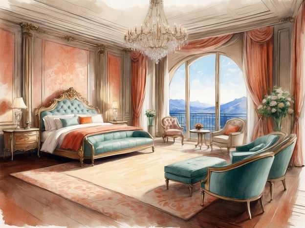 Auf dem Bild ist eine luxuriöse Suite eines Hotels zu sehen. Die Suite ist elegant eingerichtet mit einem großen, gepolsterten Bett in einem sanften Blau und einem gepolsterten Sofa. Die Wände sind mit einem dekorativen Muster in Alltagstönen gestaltet, und große Fenster bieten einen atemberaubenden Ausblick auf die Berge.
Zusätzlich gibt es gemütliche Sessel und kleine Tische, die eine einladende Atmosphäre schaffen. Ein extravagant gestalteter Kronleuchter hängt von der Decke, was den Raum besonders prachtvoll wirken lässt. Es ist ein idealer Ort für Entspannung und Komfort.
