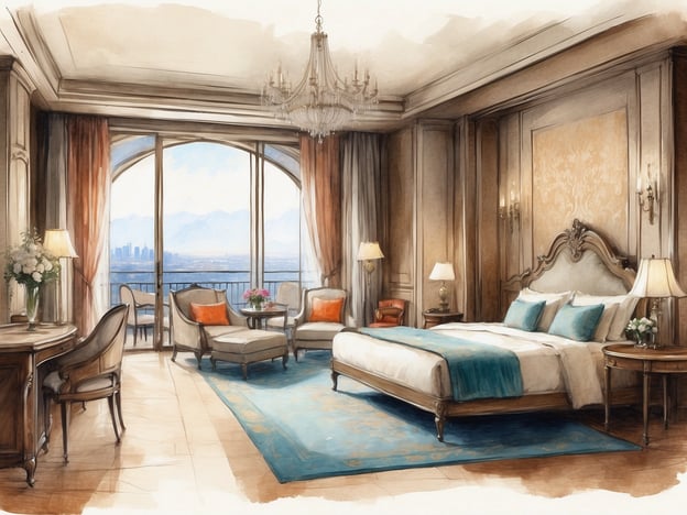 Auf dem Bild ist eine künstlerische Darstellung eines eleganten Hotelzimmers zu sehen. Das Zimmer ist großzügig gestaltet, mit einem großen Bett, einer gemütlichen Sitzecke und bodentiefen Fenstern, die einen Blick auf eine städtische Landschaft bieten. Es gibt stilvolle Möbel und eine geschmackvolle Dekoration mit hellen Farben.
Das NH Hotels Collection Eindhoven Centre zeichnet sich durch modernen Komfort und erstklassigen Service aus. Es bietet luxuriöse Unterkünfte, in denen Gäste sich entspannen können. Die zentrale Lage ermöglicht einfachen Zugang zu den Hauptattraktionen der Stadt. Zu den Annehmlichkeiten gehören unter anderem ein Restaurant, Konferenzräume und Fitnessmöglichkeiten, die den Aufenthalt für sowohl Geschäftsreisende als auch Urlauber angenehm gestalten.