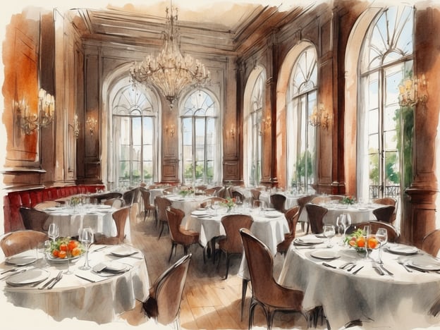 Auf dem Bild ist ein elegantes Restaurant zu sehen, das durch seine stilvolle Einrichtung besticht. Die Tische sind schön gedeckt, und große Fenster lassen viel Licht herein, was eine einladende Atmosphäre schafft.
Kulinarische Highlights in und um das Hotel könnten zum Beispiel regionale Spezialitäten wie frische Meeresfrüchte, exquisit zubereitete Fleischgerichte oder kreative vegetarische Optionen sein. Zudem wären saisonale Gerichte, die mit lokalen Zutaten zubereitet werden, ein großer Anziehungspunkt für Feinschmecker. Ein besonderes Dessert, das die Gäste begeistert, könnte hausgemachte Patisserie oder innovative Cremes sein. Die Kombination aus hochwertiger Küche und der stilvollen Umgebung macht das Restaurant zu einem idealen Ort für unvergessliche kulinarische Erlebnisse.