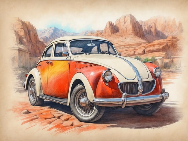 Auf dem Bild ist ein nostalgisches, rot-weiße Auto zu sehen, das vermutlich in einer malerischen Umgebung abgestellt ist, die von beeindruckenden Felsen und Bergen geprägt ist.
Die Umgebung scheint ideal für eine Erkundung der Sehenswürdigkeiten zu sein, vielleicht in einem historischen oder naturnahen Gebiet. Man könnte die faszinierenden Felsformationen erkunden, die auf dem Hintergrund erkennbar sind, oder kleine Wanderungen zu Aussichtspunkten unternehmen. Zudem bieten sich möglicherweise antike Ruinen oder lokale Kulturstätten in der Nähe an, die reich an Geschichte sind. Ein Ausflug in solch eine Kulisse könnte eine großartige Gelegenheit sein, die Natur zu genießen und die Vergangenheit des Ortes zu entdecken.